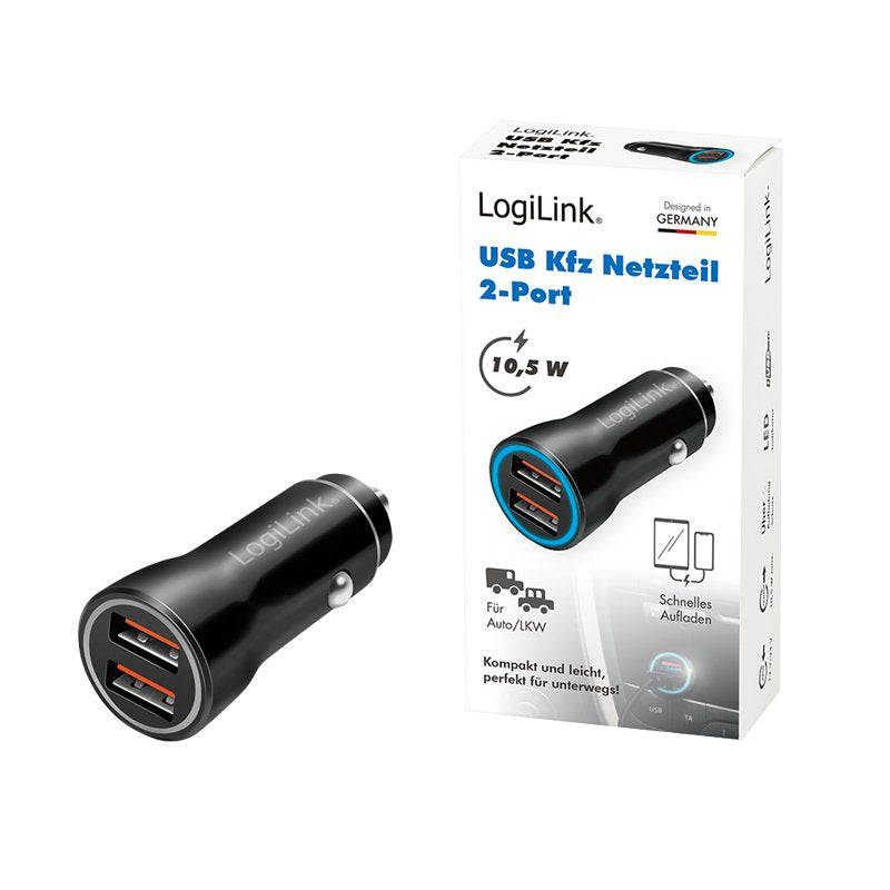 Logilink Car Charger, 2 Port, 10.5w, Illuminated, Negro