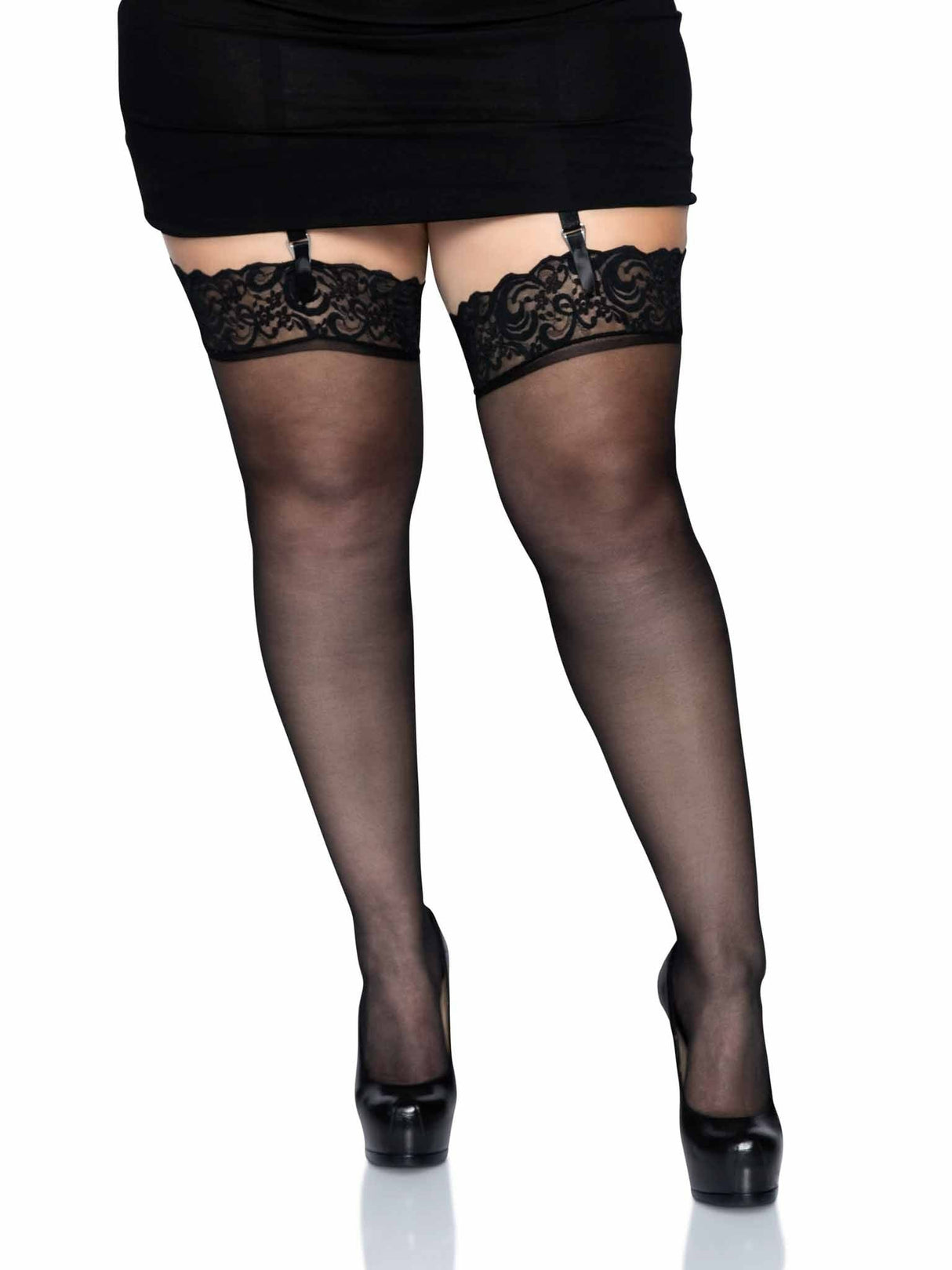 Leg Avenue - Outlet - Medias De Nylon Negras Con Encaje Superior Plus