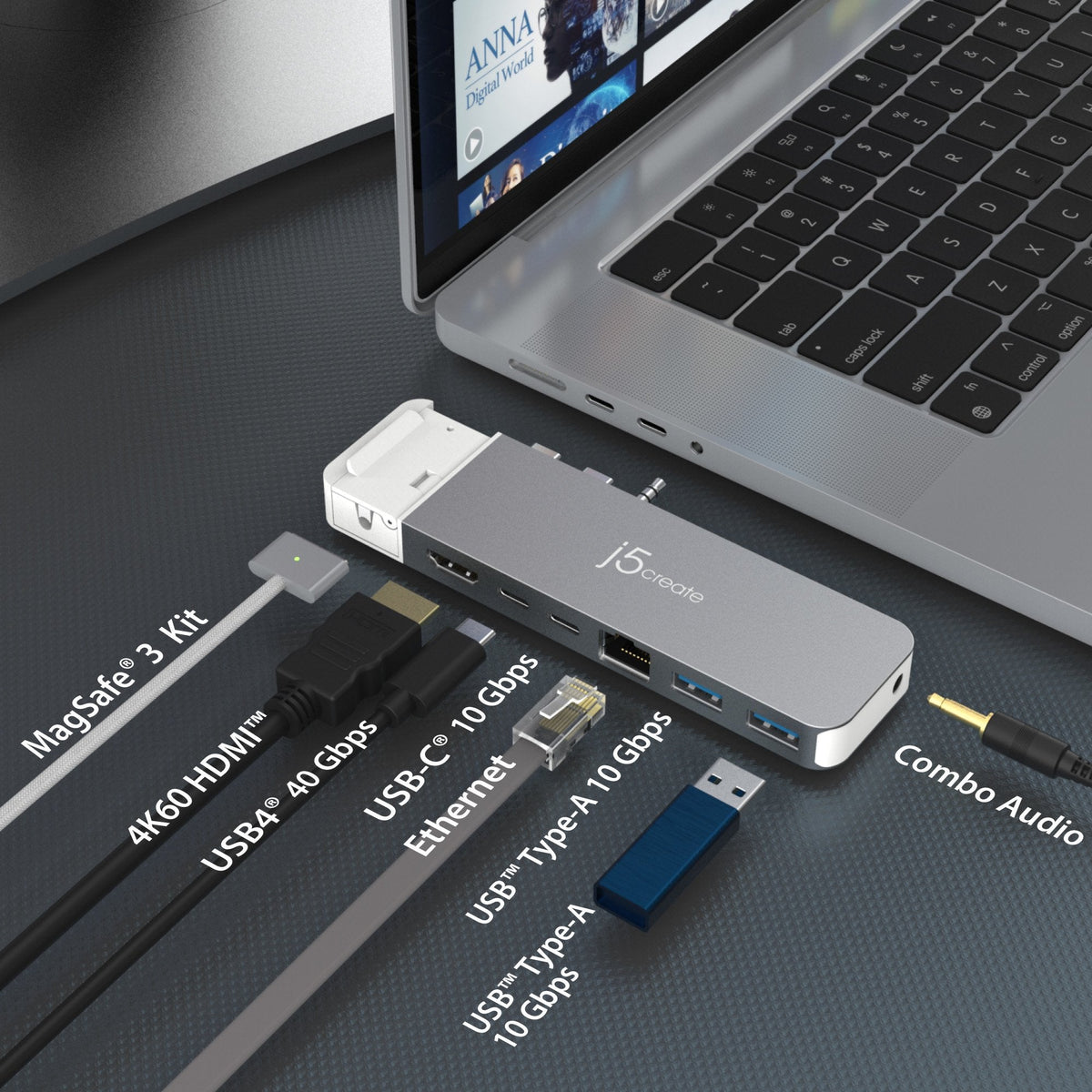 J5create Jcd395-N Concentrador 4k60 Elite Pro Usb4® Con Equipo Magsafe®