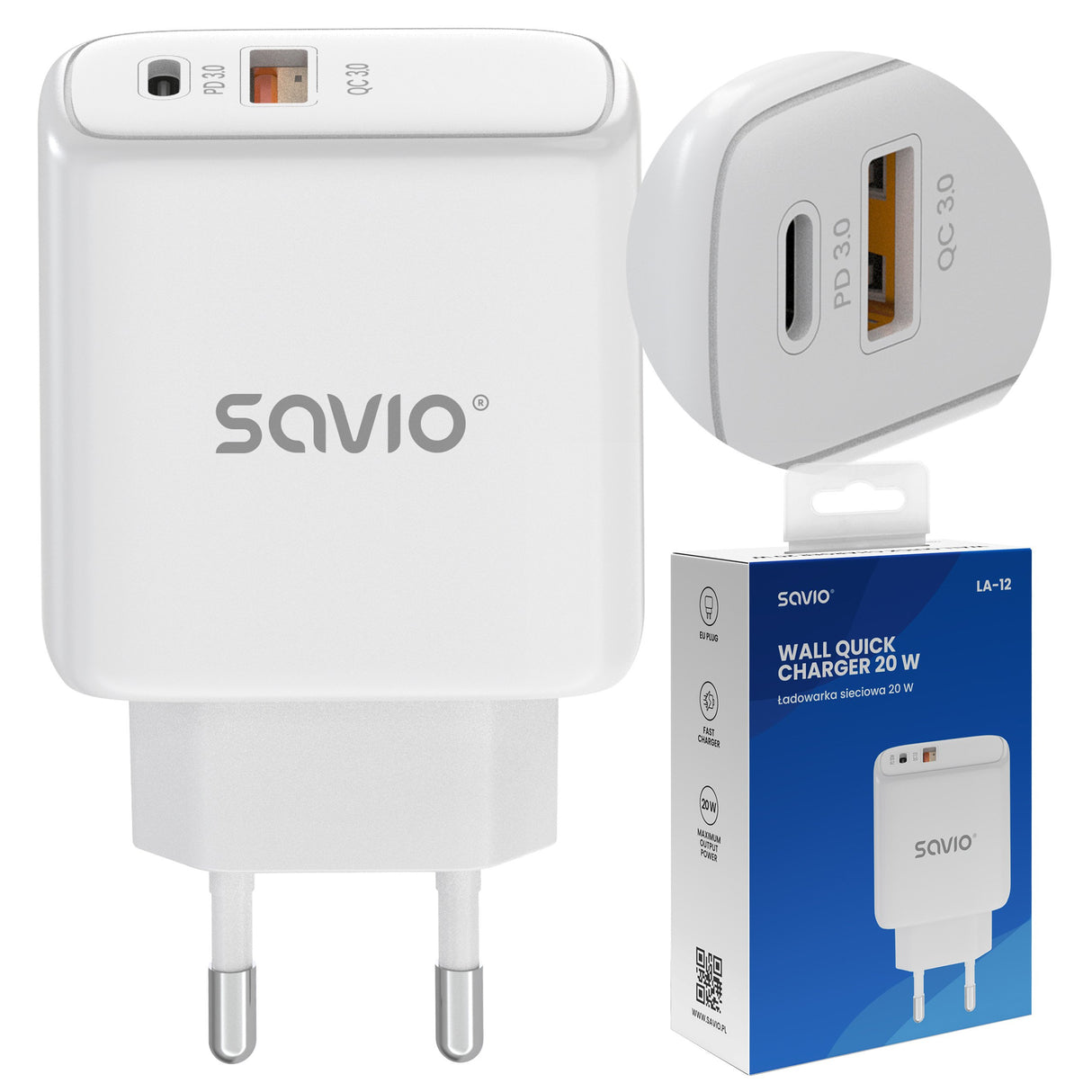 EAN 5905106070221 - Savio LA-12 cargador de dispositivo móvil Universal Blanco Corriente alterna Carga rápida Interior imagen 6