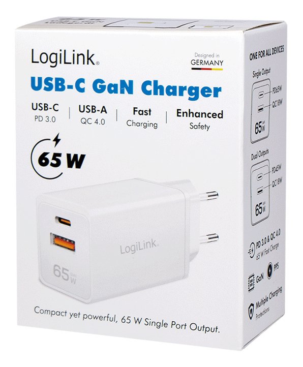 Logilink Usb-A C Charger, 65 W, Gan, 1x Usb-A (Qc), 1x Usb-C (Pd), Blanco