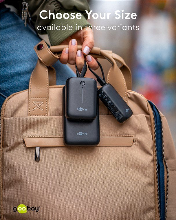 Goobay Powerbank 10.000 Mah, Integriertes Usb-C Cable 13cm, 20 Watt (Negro, 10 Ah, 1x Usb-A, 2x Usb-C, Pd, Qc) 76251