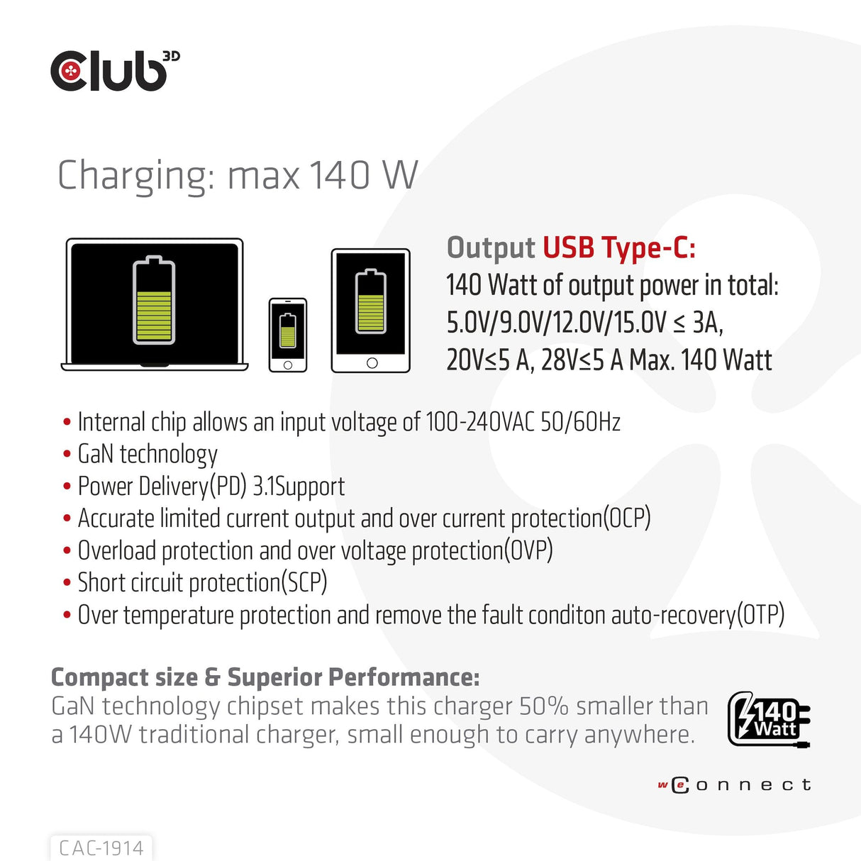 Club3d Cargador 1xusb Typ C, Pd 140w Retail