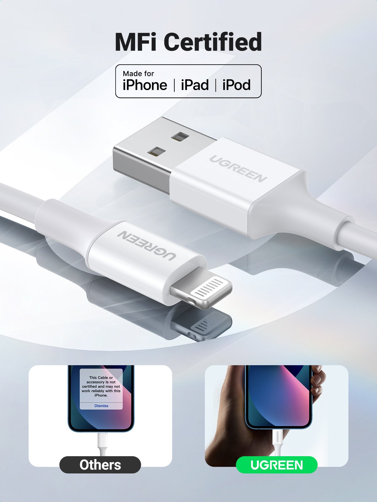EAN 6957303827282 - Ugreen cable USB 2.0 A lightning 2m, 5V/2.4A iPhone 7 / 7plus / 6S/ 6 / 6 Plus, iPhone 5s/5c/5, iPad Mini imagen 4