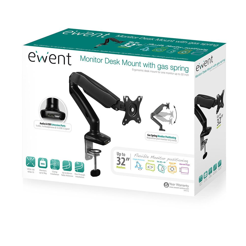 Soporte De Mesa Ewent Ew1515 Para 1 Monitor Hasta 27" / Resorte De Gas/ Usb 3.1/ Microfono/ Altavoz