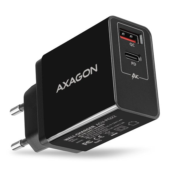 Cargador De Red Axagon Acu-Pq22, Pd Y Quick, 2x Puertos Qc3.0 / Afc / Fcp + Pd Tipo-C, 22w