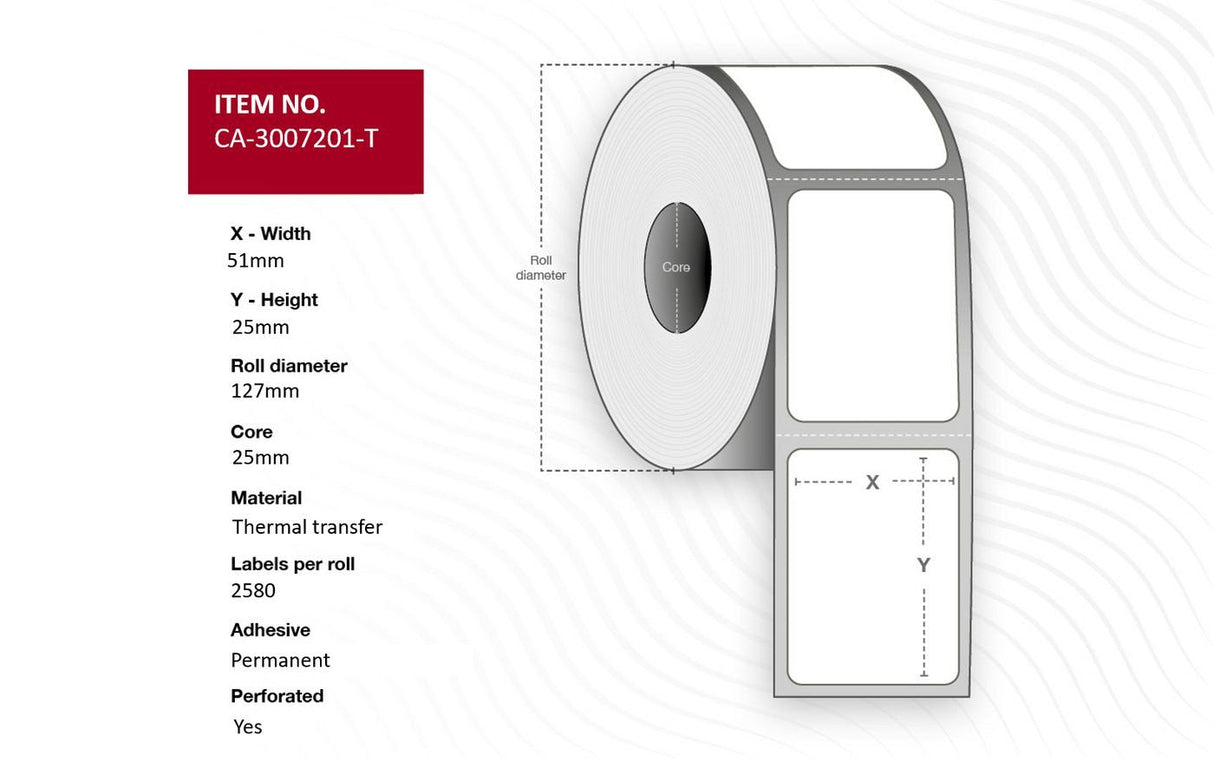Label 51 X 25mm, Core 25mm,  Thermal Transfer, Coated,