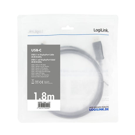 EAN 4052792050400 - LogiLink UA0335 adaptador de cable de vídeo 1,8 m USB Tipo C DisplayPort Negro imagen 2