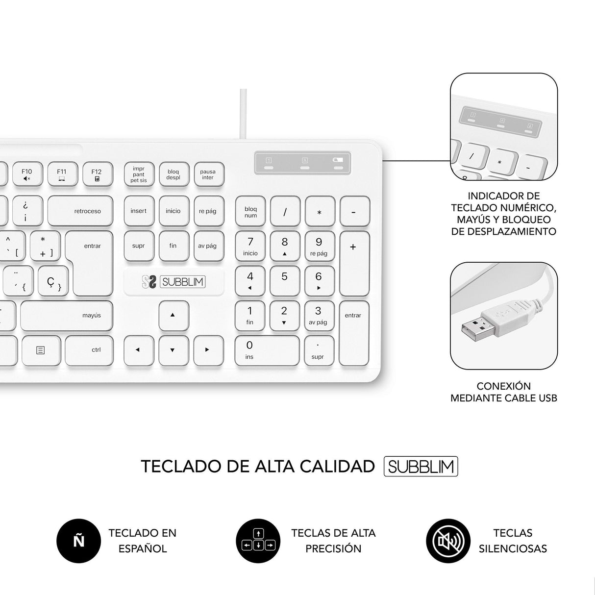 Teclado Subblim Business Slim Silencioso Blanco