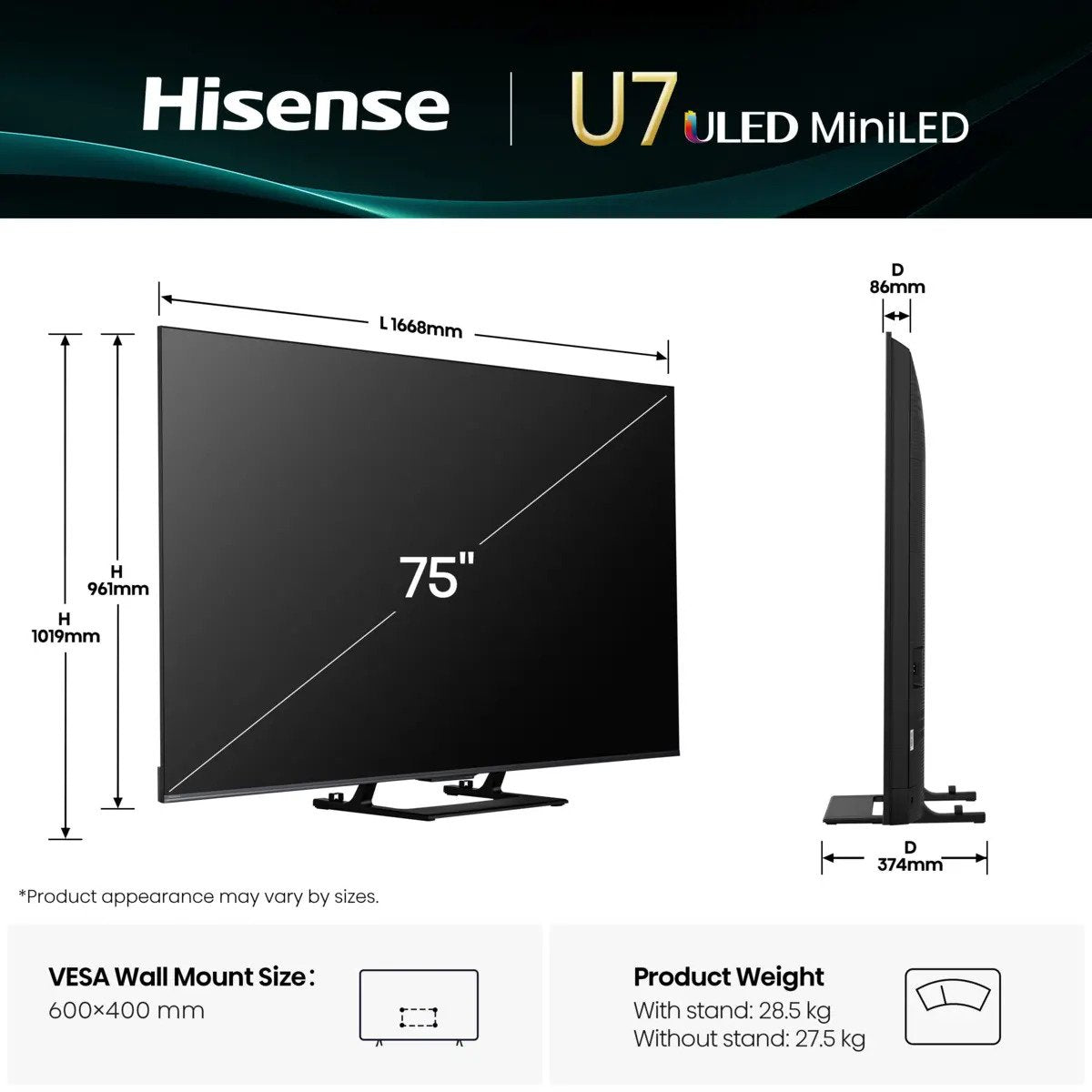 EAN 6942351416250 - Hisense 75U7Q 190,5 cm (75") 4K Ultra HD Smart TV Wifi Negro 450 cd / m² imagen 2