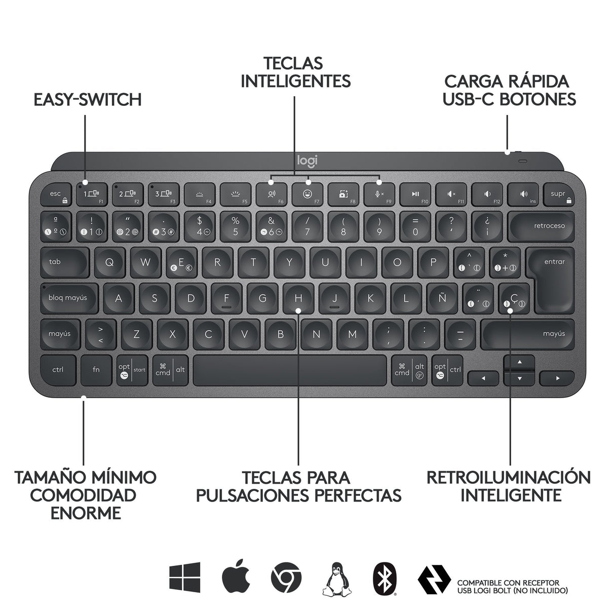 Teclado Español Logitech Mx Keys Mini Rf Wireless + Bluetooth Qwerty Grafito