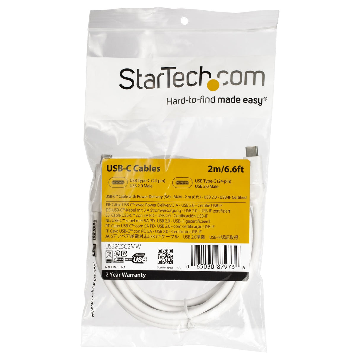 Startech Cable 2m Usb-C Pd De 5a Blanco Certified