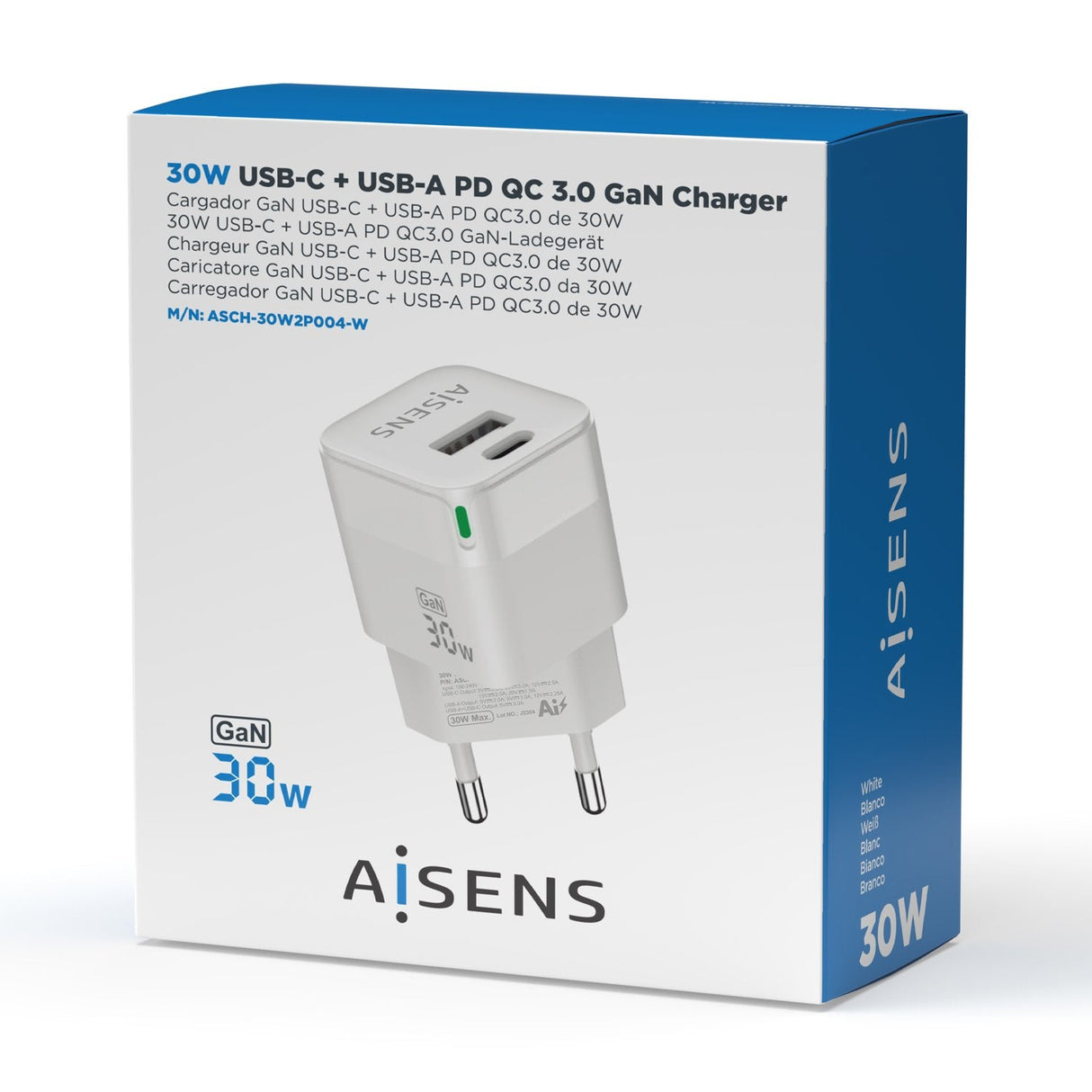 Aisens Cargador Gan 30w - 1xusb-C Pd3.0 Qc4.0 - 1xusb-A Qc3.0 Blanco