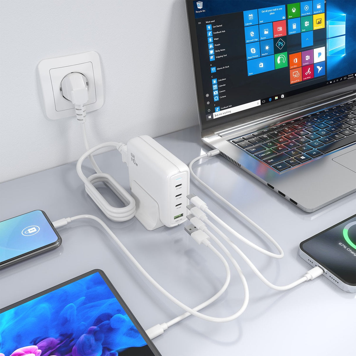 Aisens Cargador Sobremesa Gan 140w, 3xusb-C Pd3.1 Qc4.0 Qc5.0, 1xusb-A Qc3.0, Blanco