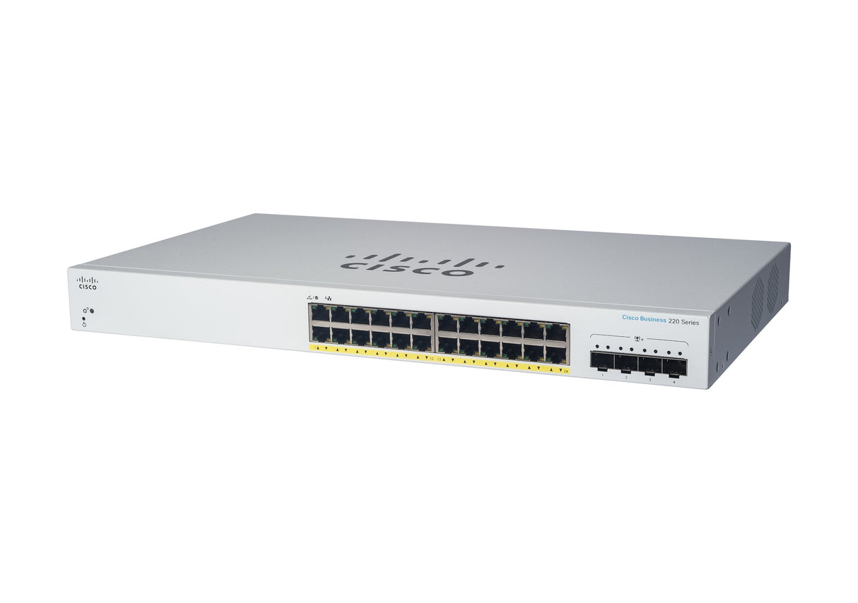 Cisco Business 220 Series Cbs220-24p-4g Conmutador Inteligente 24 X 10/100/1000 (Poe+) + 4 X Gigabit Sfp (Enlace Ascendente) Montaje En Rack Poe+ (195 W) Refabricado