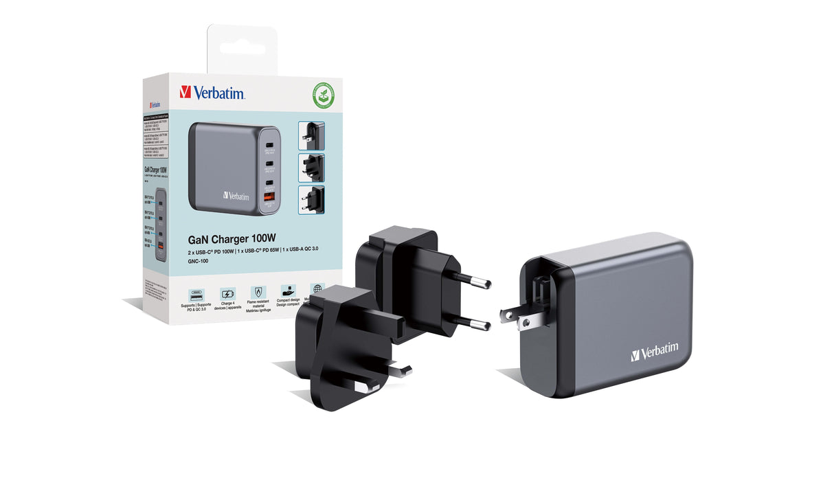 Cargador De Pared Universal Verbatim Gnc-100 3xusb Tipo-C 1xusb 100w