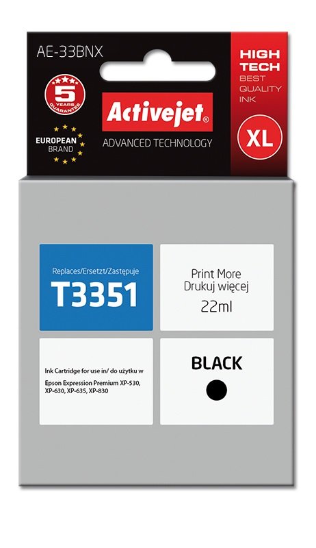 Tinta Activejet Ae-33bnx (Reemplazo Para Epson 33xl T3351 - Supreme - 22 Ml - Negra)