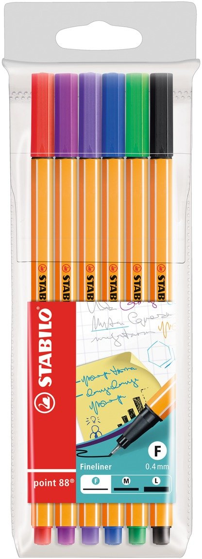Stabilo Point 88 Pack De 6 Rotuladores De Punta Fina De Fibra - Trazo De 0.4 Mm - Tinta Con Base De Agua - Colores Surtidos