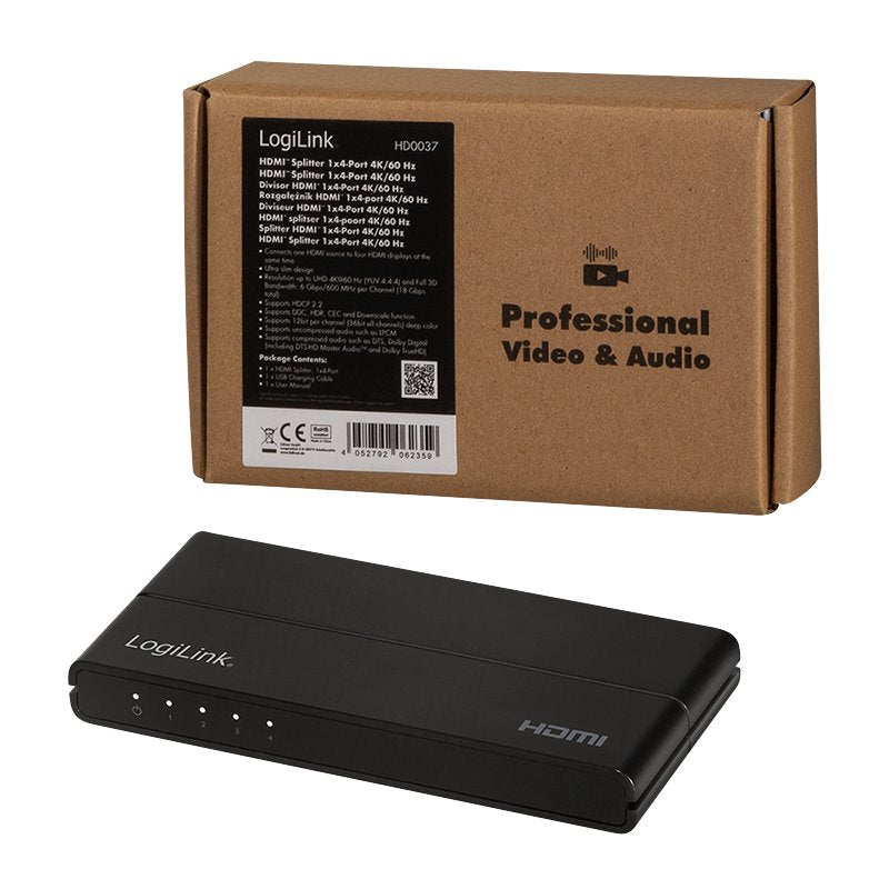 Divisor Hdmi Logilink 1x4 Puerto, 4k / 60hz, Downscaler, Negro.