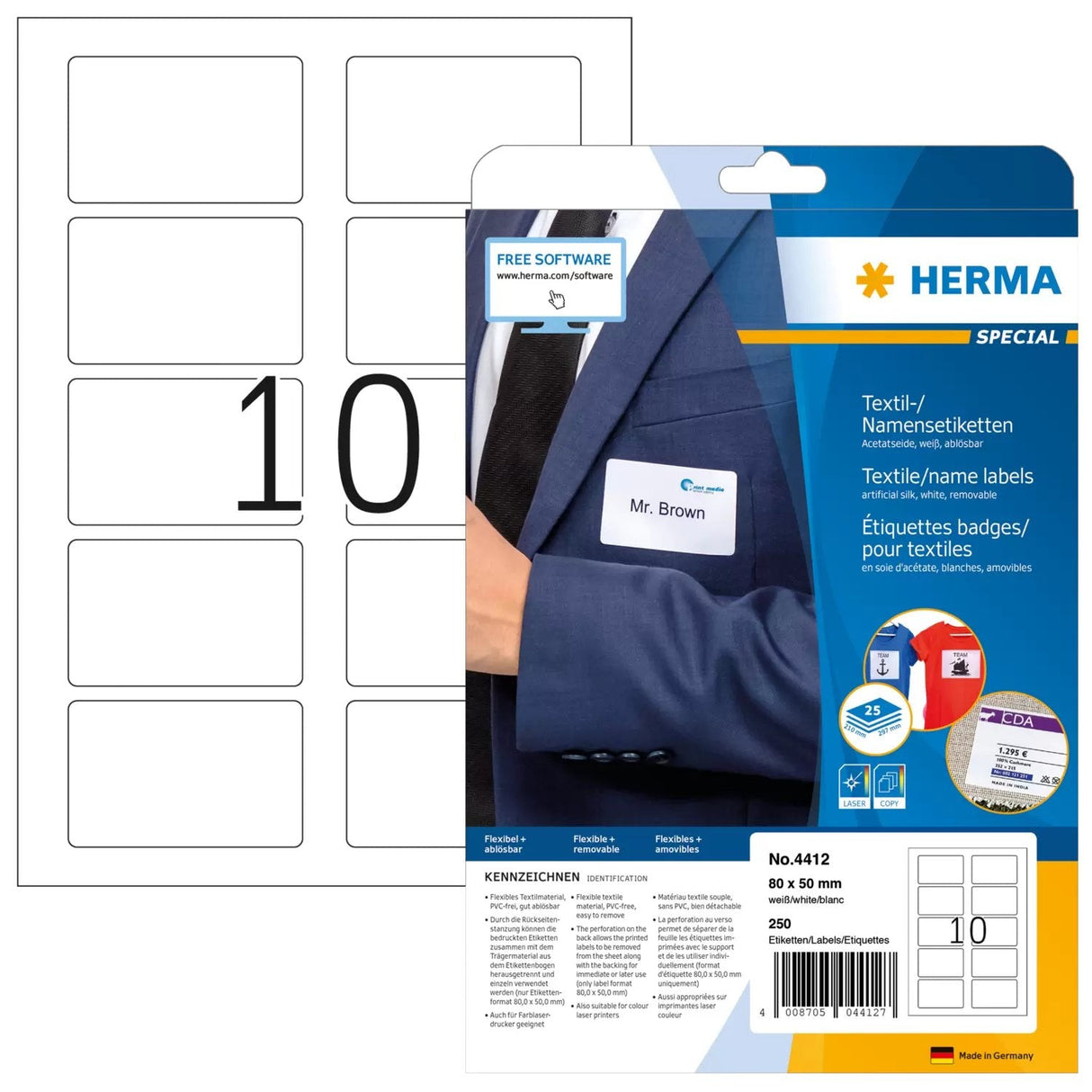 Etiqueta Con El Nombre De Herma. A4 80x50 Mm Separable Blanco Desenfundable 250 Piezas.