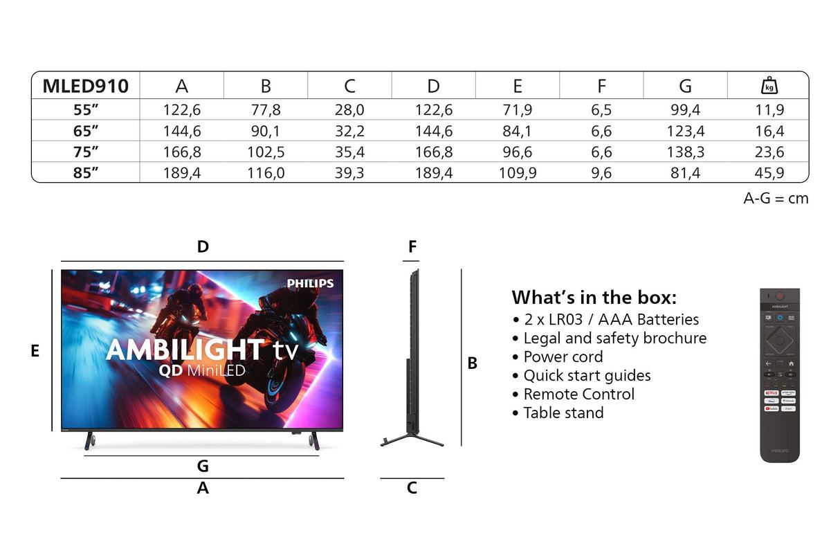 189,0cm 75" (3840x2160) Philips 75mled910 12 4k Qd Miniled 120hz Hdmi Usb Wlan Bluetooth Ambilight Hdr10+ Dolby Vision Black