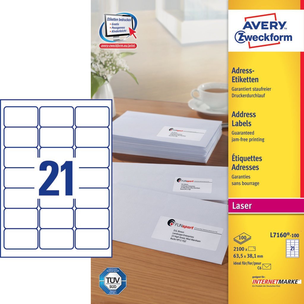 Avery Etiquetas Adhesivas 63,5x38,1mm Inkjet/Láser Para Sobres 21 X 100h Blanco