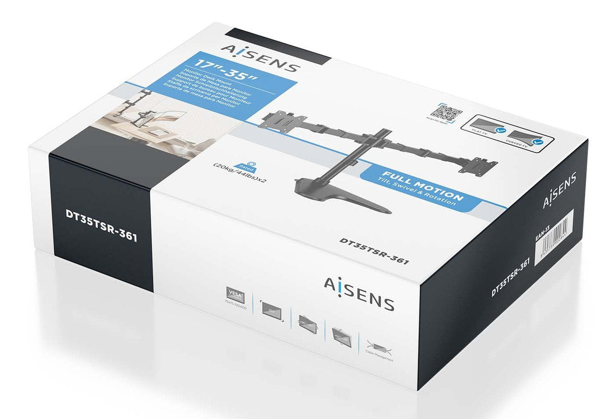 Aisens Soporte De Mesa Con Peana Eco Giratorio E Inclinable Para Monitor/Tv 20kg (3 Pivotes, 2 Brazos) De 17-35, Negro