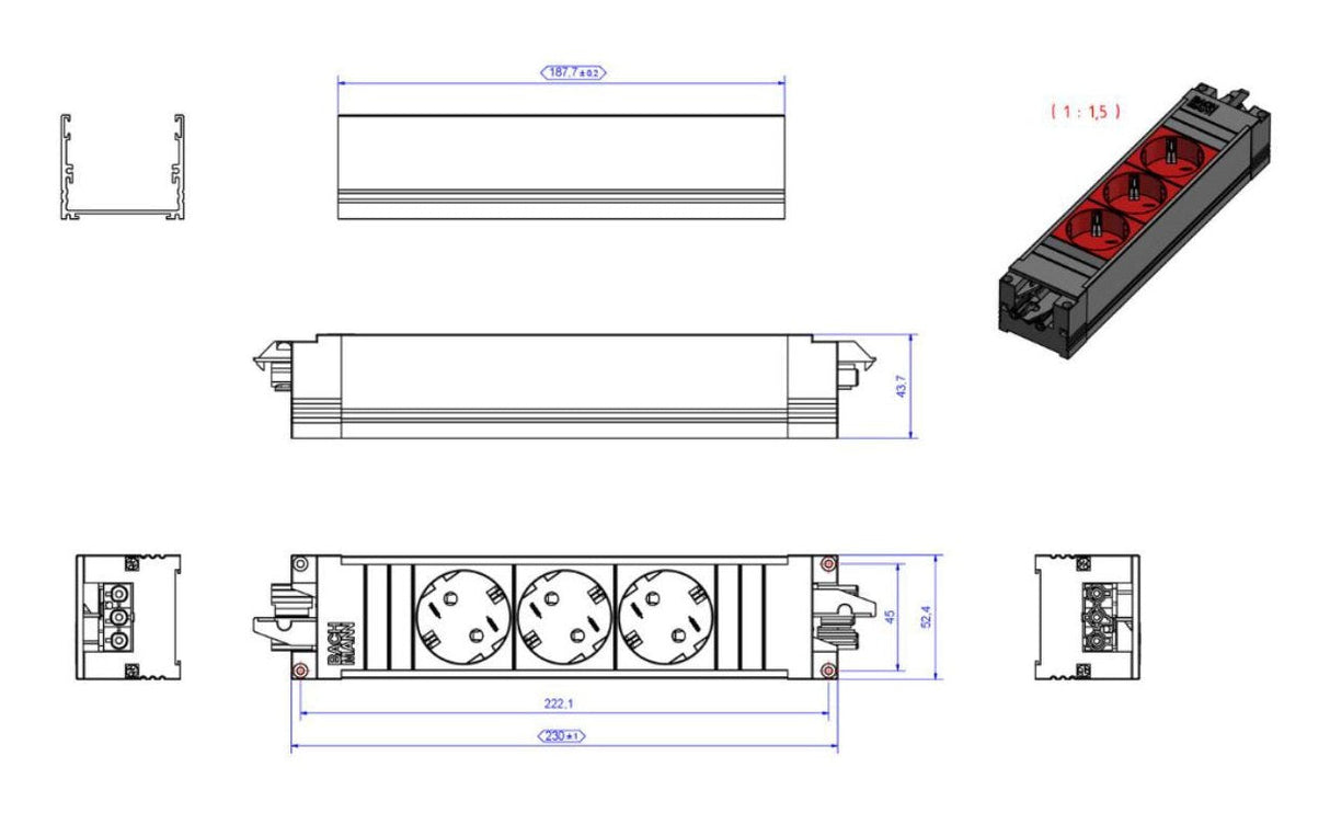 Regleta Bachmann Step Base De 3 Vías Negro/Rojo, Sin Cable, Sistema Enchufable Wieland