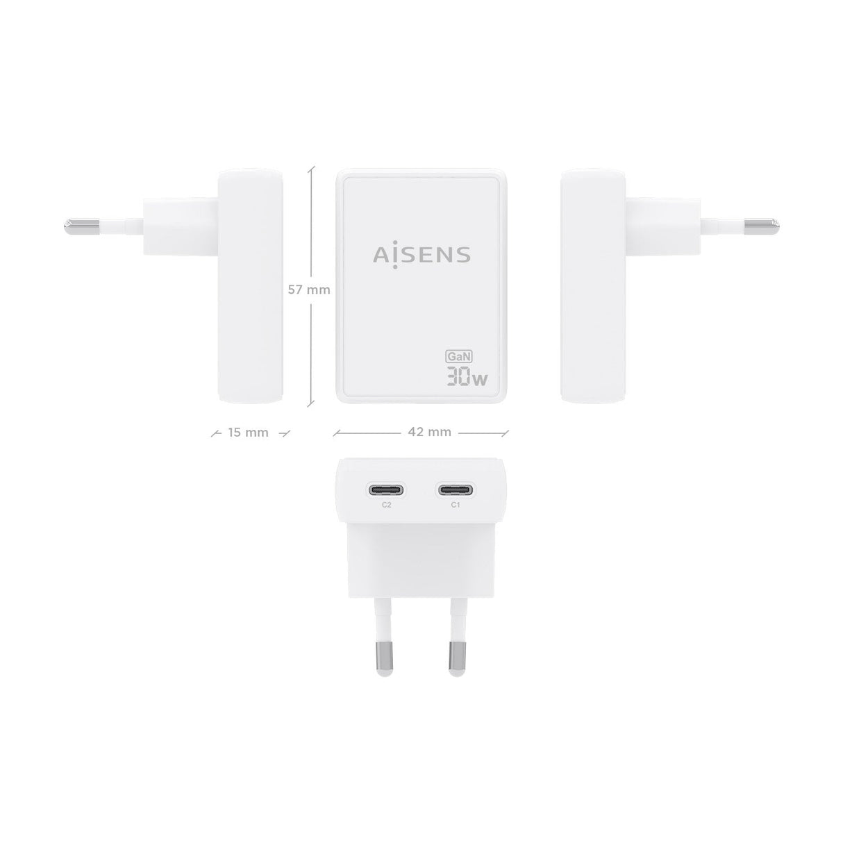 Aisens Cargador De Pared Gan Ultra Delgado 30w, 2xusb-C Pd3.0 Qc4.0, Blanco