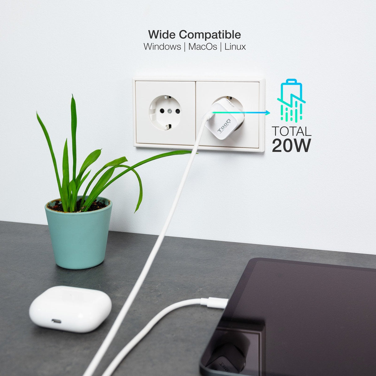 Tooq Cargador De Pared Usb-C/Pd 20w - Blanco