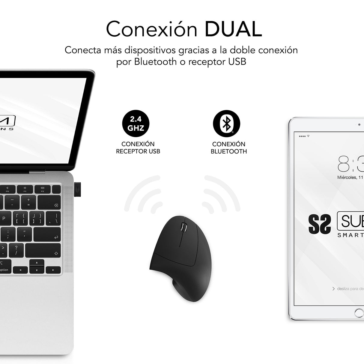 Raton Subblim Glide Vertical Ergo Dual Vertical Bluetooth, Usb 2.4ghz 4000dpi - 5 Botones - Uso Diestro - Negro