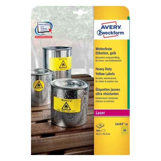 Avery L6103-20 Etiqueta Autoadhesiva Amarillo Rectángulo Permanente 960 Pieza(S)