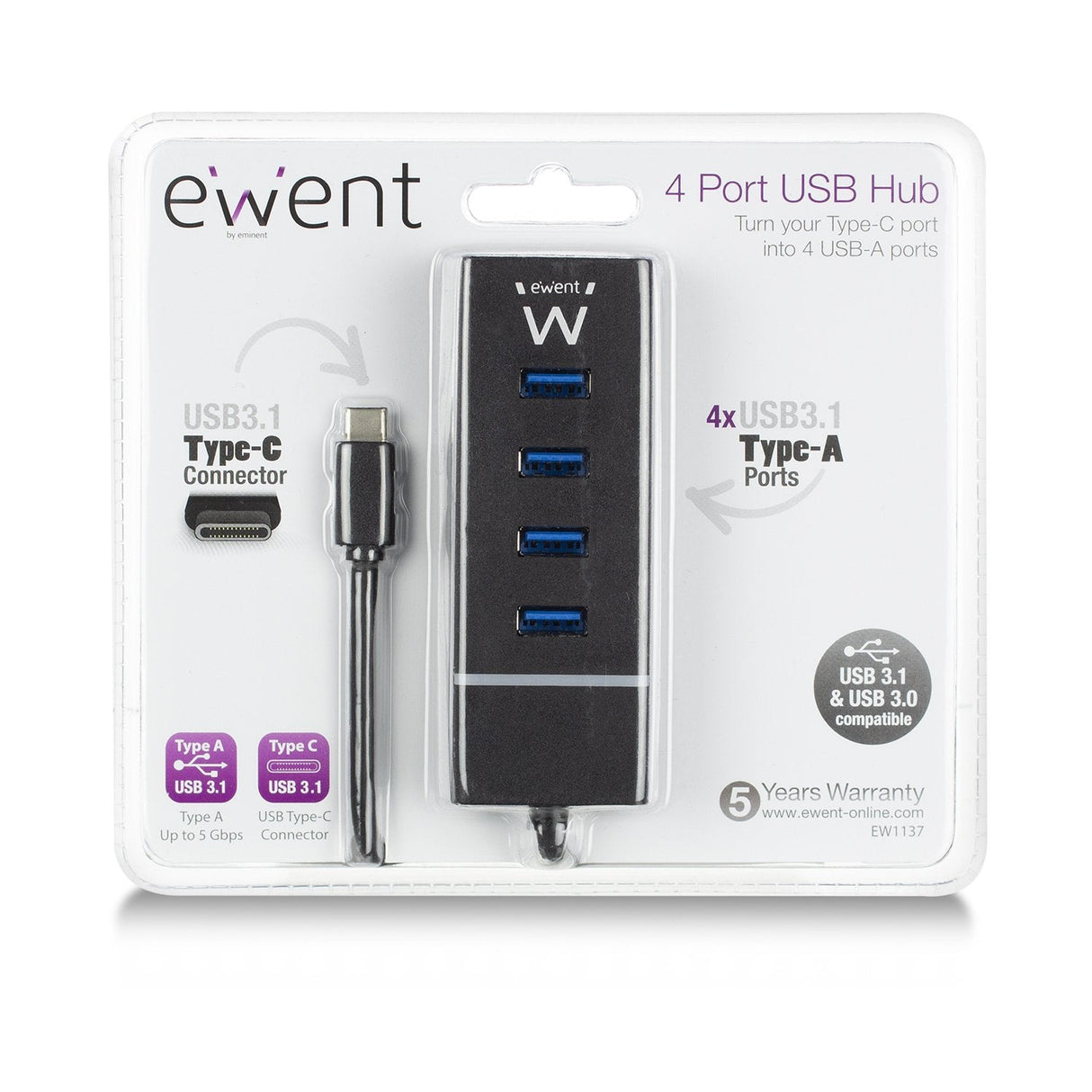 Ewent E1137 Hub Usb Tipo C 4 Pueros Usb 3.1