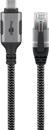 Cable Ethernet Goobay Usb-C 3.2 Gen2 Macho > Rj-45 Macho, Adaptador Lan Negro Plata, 7,5 Metros, Cubierta Textil Trenzada 70753