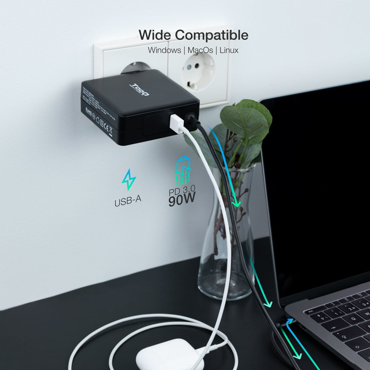 Tooq Cargador Universal Para Portatil 90w Usb-C - Compatible Con Pd - Cable De 1.80m
