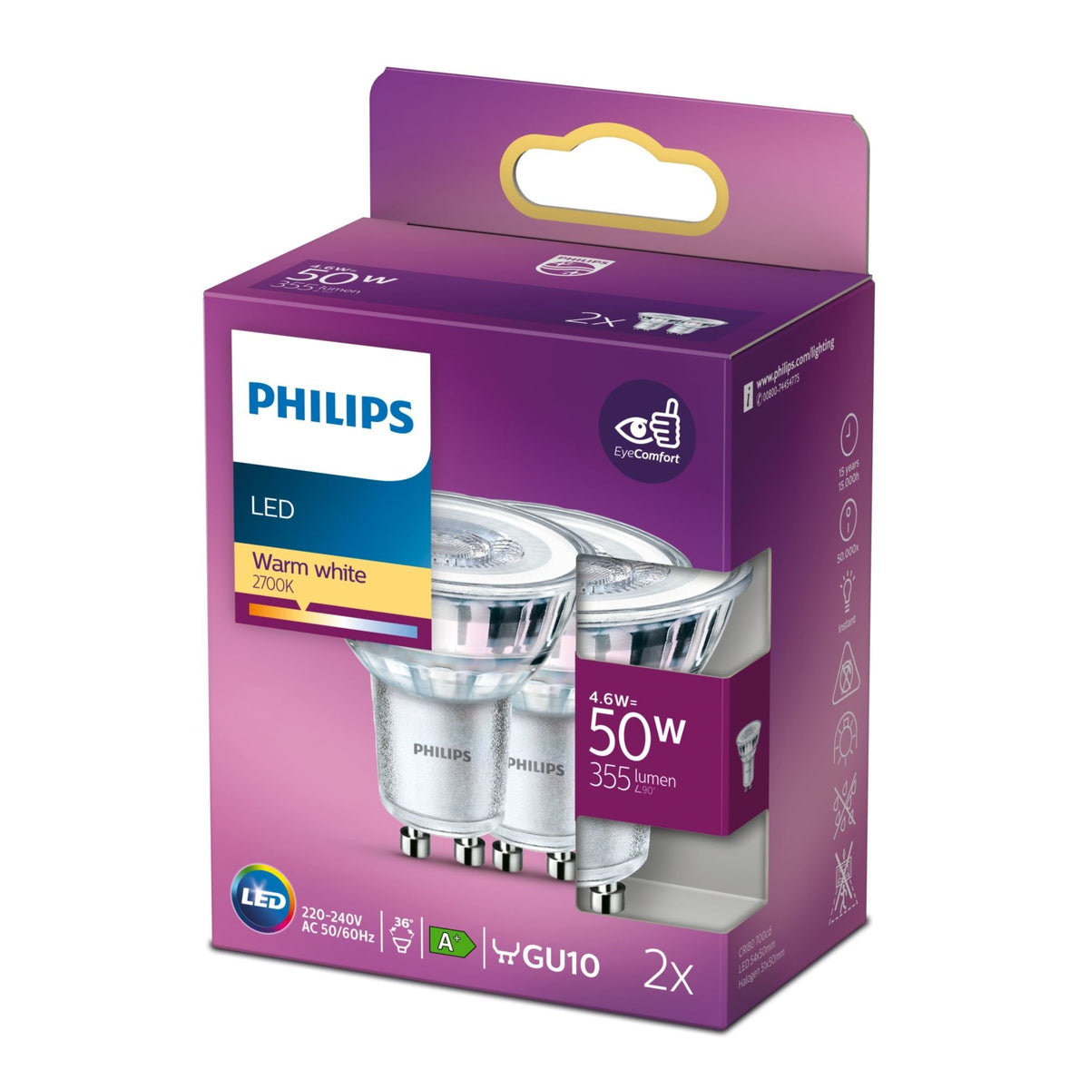 Bombilla Led Philips Led Classic Casquillo Gu10 4.6w 355 Lúmenes 2700k Pack De 2 Uds