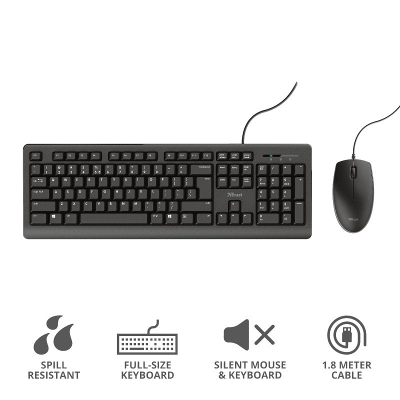 Trust Primo Teclado & Ratón Set, Con Cable, Deutsches Qwertz-Layout, Flüssigkeitsgeschützt