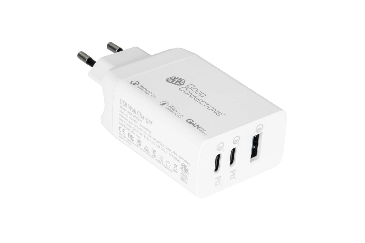 Usb-Schnell Cargador 65w Mit Gan-Technologie 3-Port 2xusb-C Usb-A Pd3,0 Qc3,0 Goodconnections Blanco
