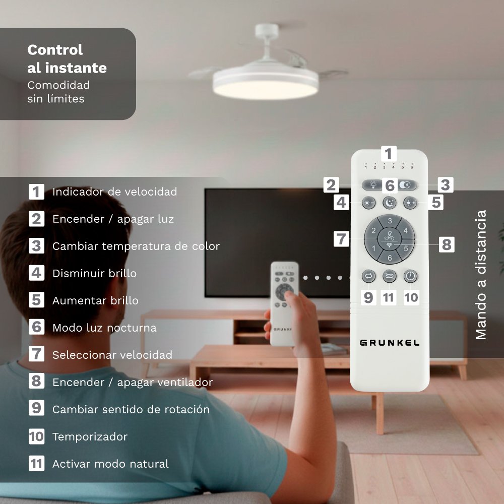 Grunkel Ventilador De Techo Con Luz 24w 6 Velocidades C/Temporizador Blanco