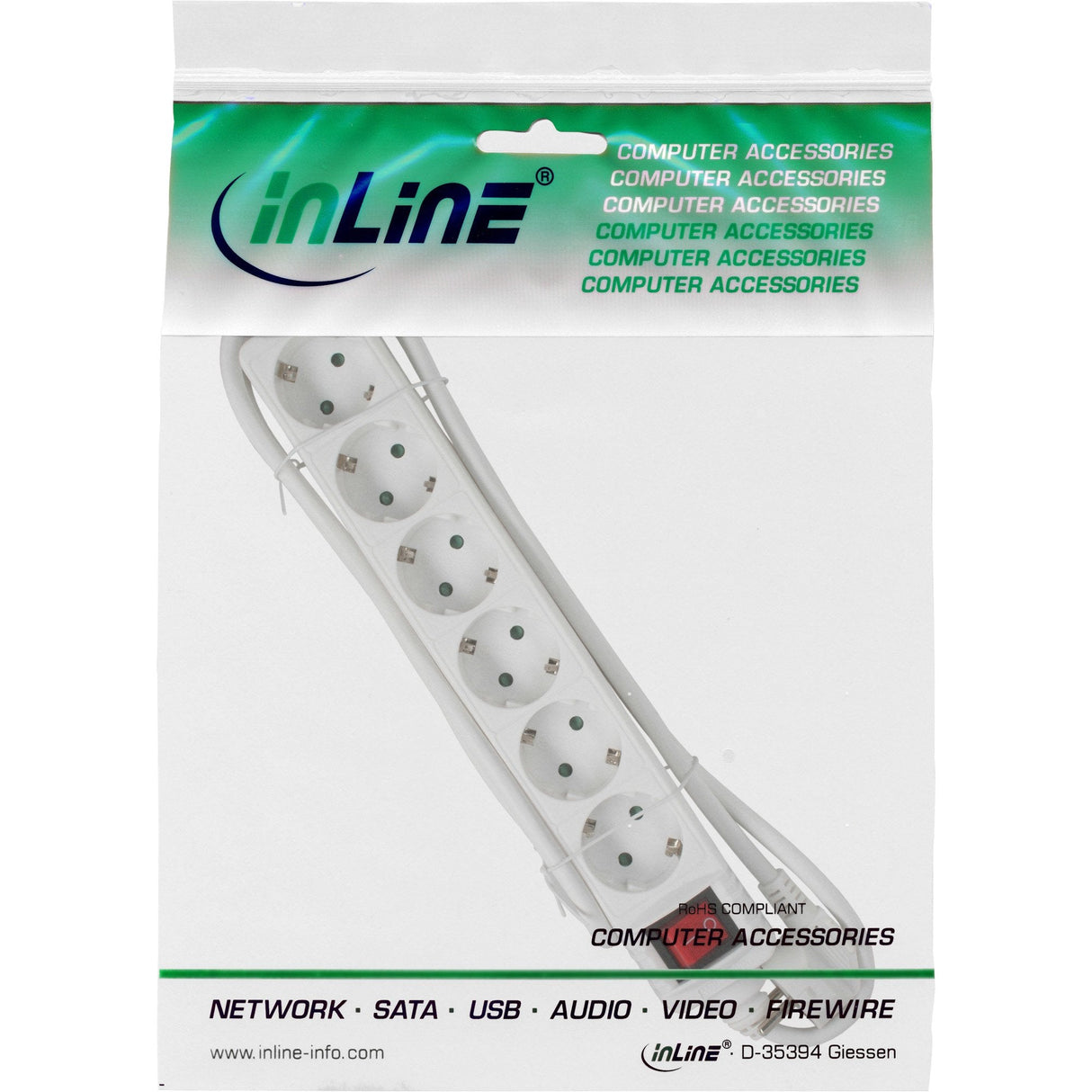 Regleta Inline 6 Puertos 6x Tipo F Con Interruptor Y Seguridad Infantil Blanco 3m