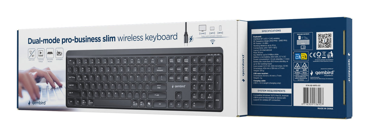 Gembird Dual-Mode Pro-Business Slim Wireless Keyboard 2.4g+Bt Us Layout