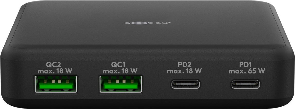 Goobay Usb-C Multiporte Pile Carger, Pd, Gan, 65 Vatios Negros, 2x Usb-C, 2x Usb-A, Entrega De Potencia, Quickcharge 3.0 61772