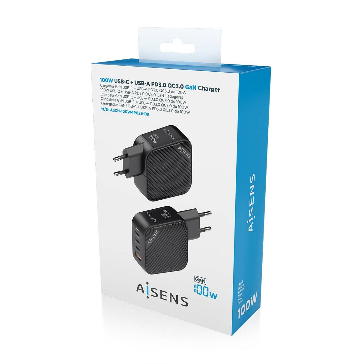 Aisens Cargador Gan 100w, 3xusb-C Pd3.0 Qc4.0, 1xusb-A Qc3.0, Negro