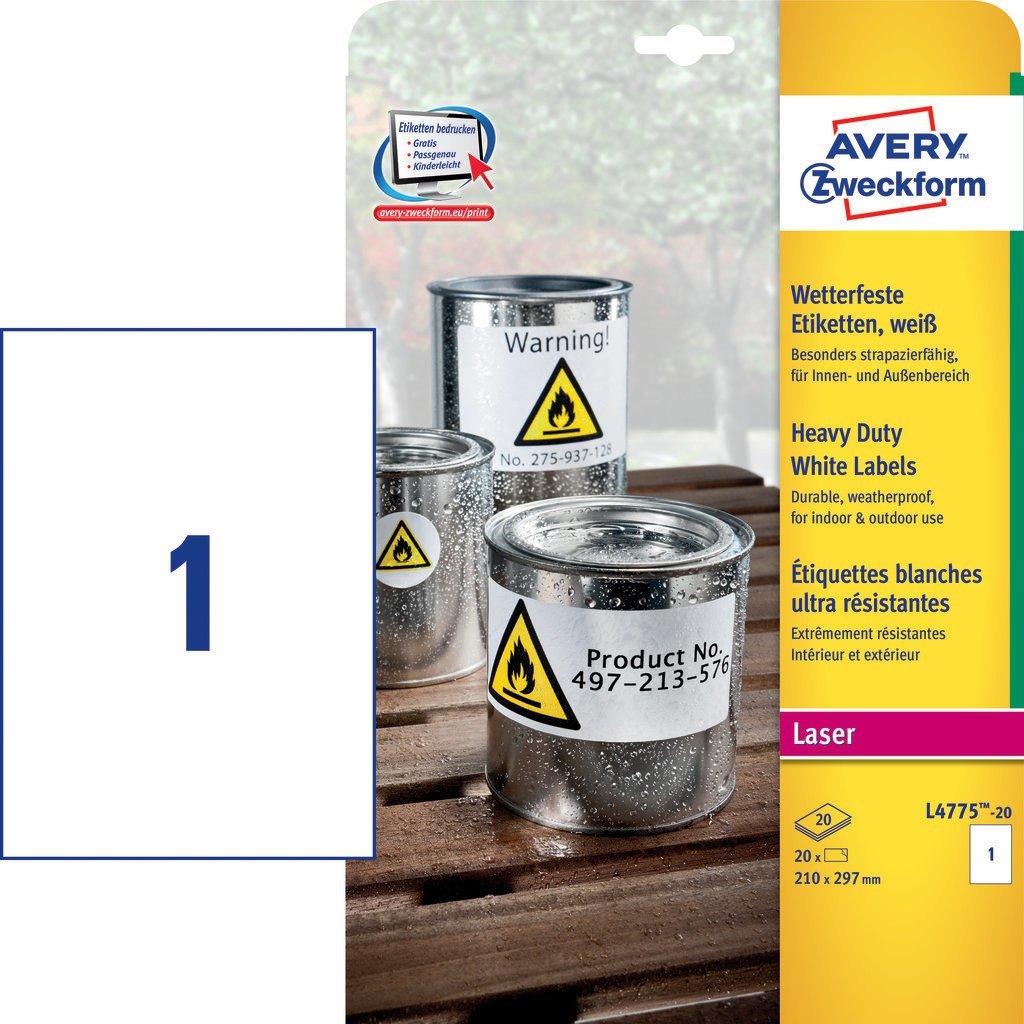 Avery L4775-20 Etiqueta Autoadhesiva Blanco 20 Pieza(S)