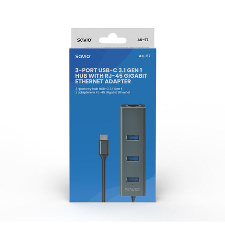 EAN 5901986047766 - Savio AK-57 USB-C - 3 x USB-A HUB with RJ-45 Gigabit Ethernet adapter 5000 Mbit/s grey 2 x USB 3.2 Gen 2  imagen 7