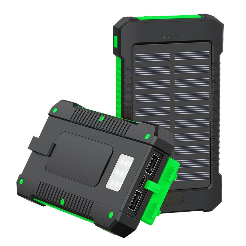 Bateria Externa Power Bank  8000  Solar 2 Puertos Usb-A De Control De Calidad Linterna Negro Verde Logilink