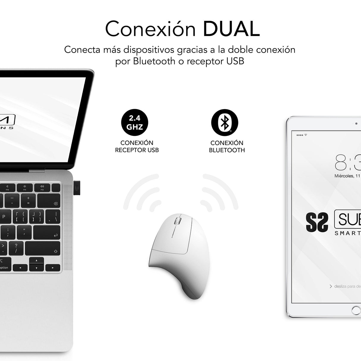 Raton Optico Dual Glide Vertical Ergo Dual Bateria Blanco Subblim Hasta 1600dpi/ Conexión Dual/ Rf, Bluetooth/ Batería Recargable