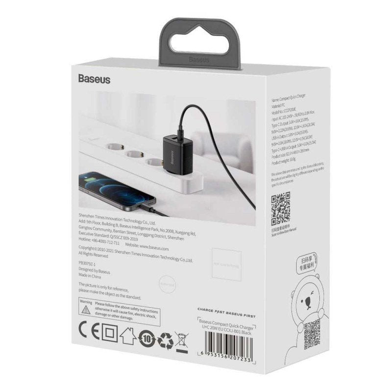 Baseus Charger 20w Ports (Usb+Usb-C) Compact Quick Black Ccxj-B01