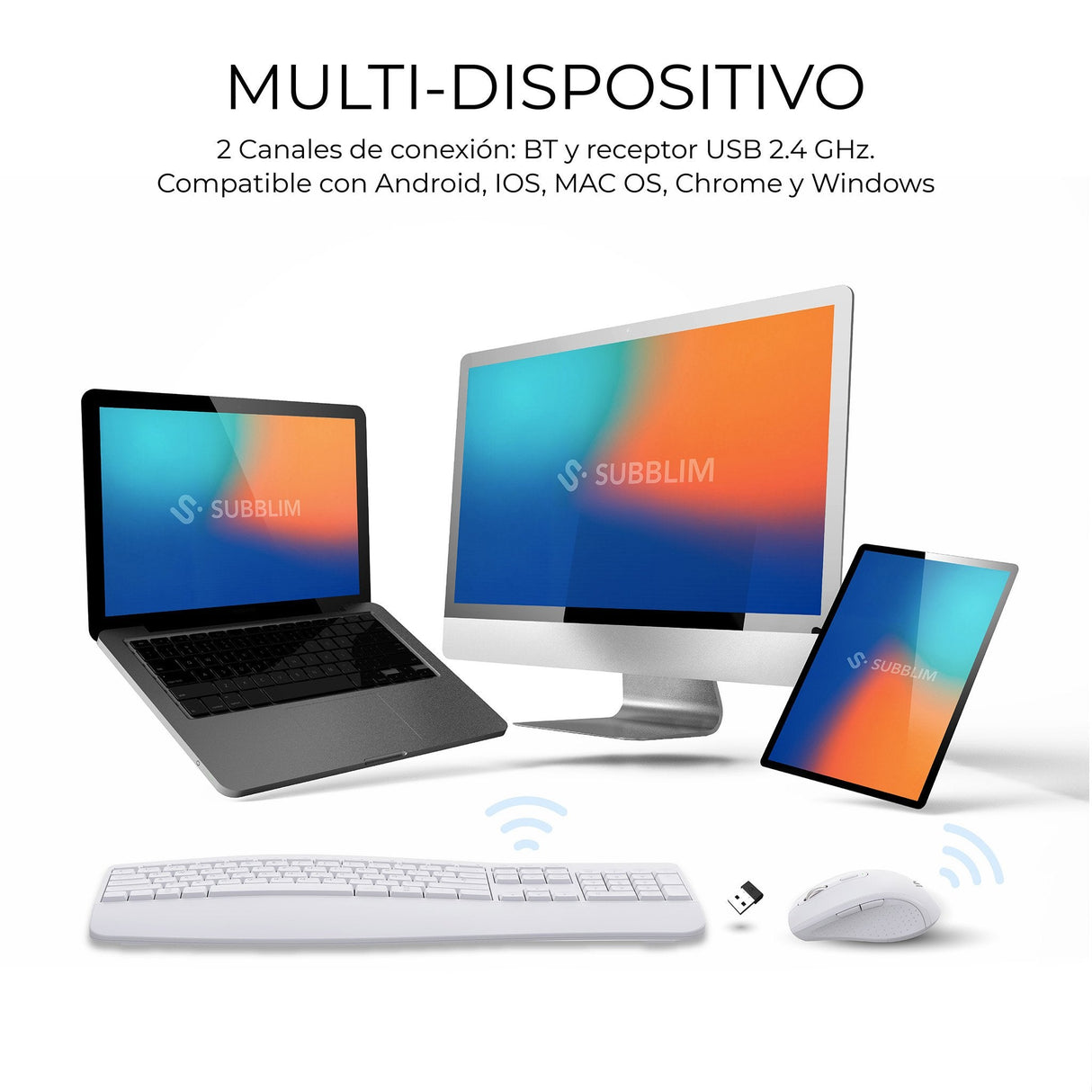 Combo Teclado Raton Subblim Prowave Inalamb Ergo Blanco