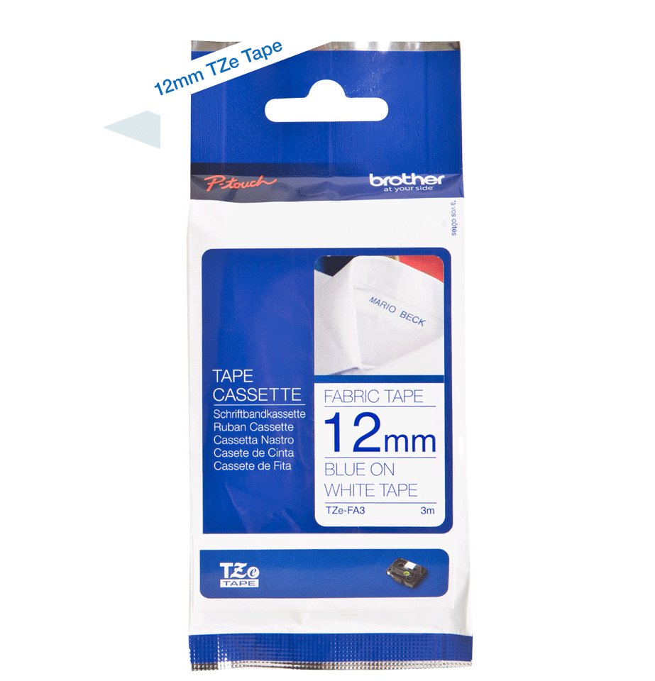 Brother Cinta Textil Tzefa3 Azul Sobre Blanco Rollo (1,2 Cm X 7,99 M) 1 Bobina Para P-Touch Pt-D200